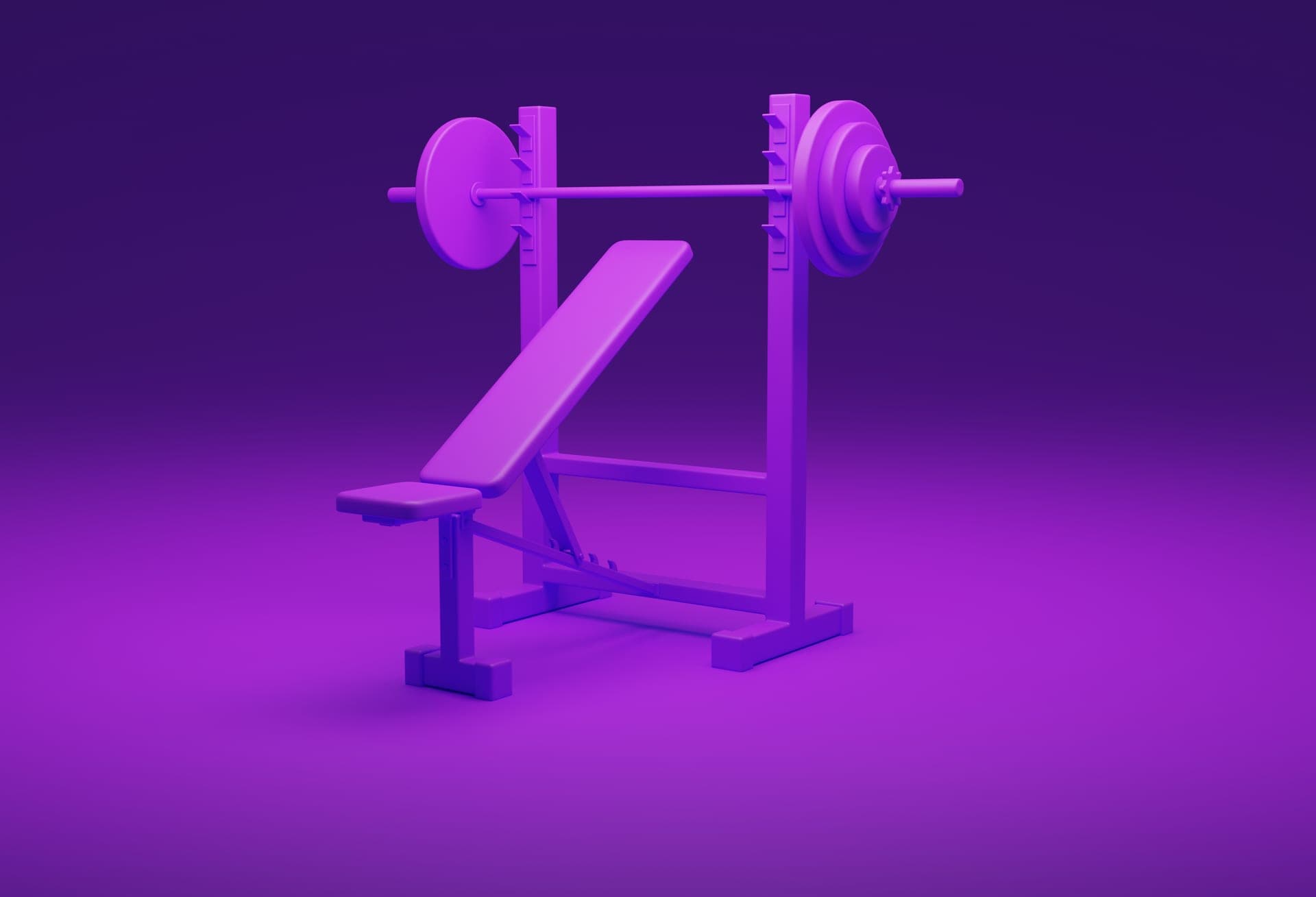 An adjustable weight bench under a loaded barbell