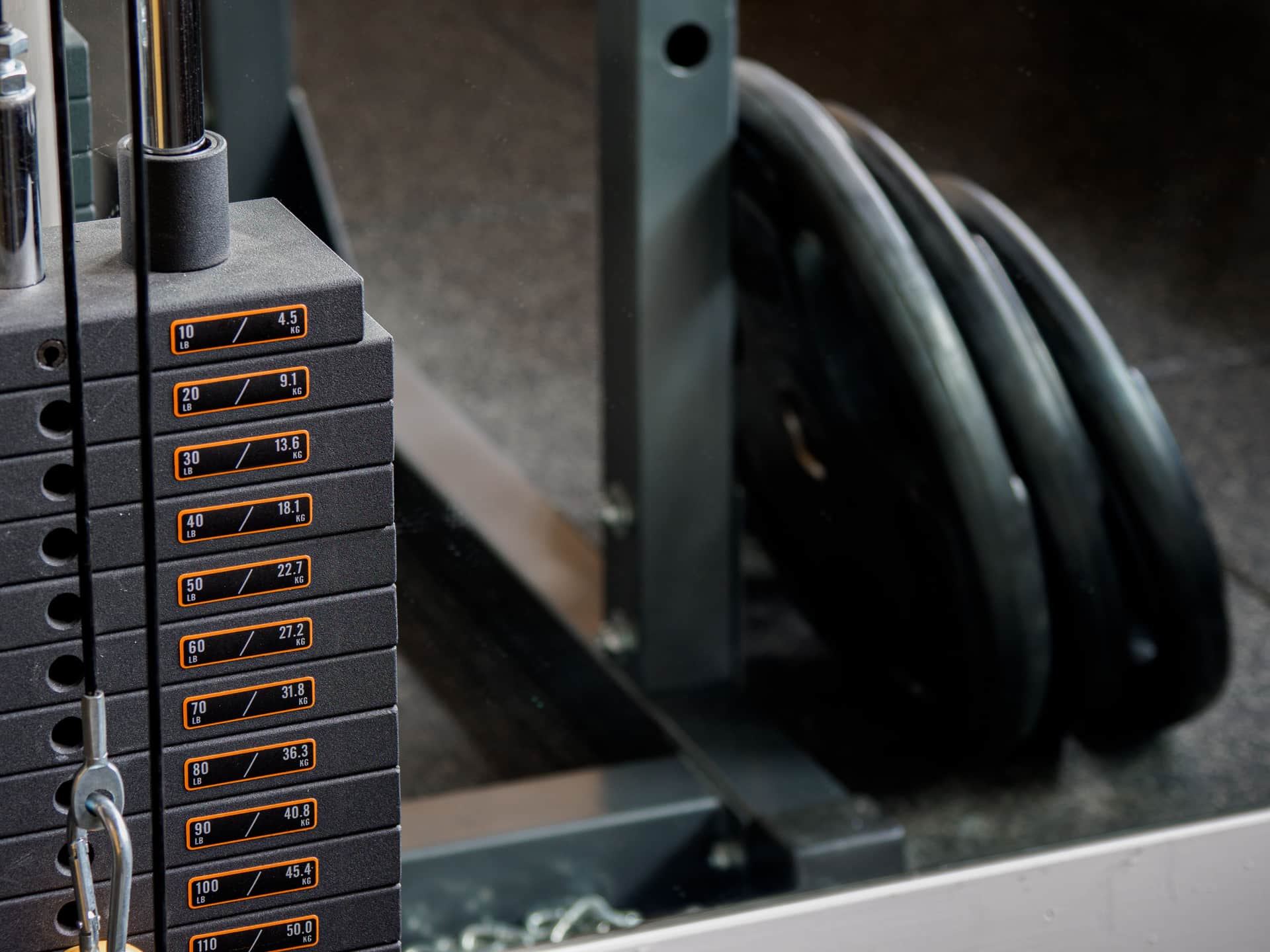 Stacked Olympic weight plates on a rack